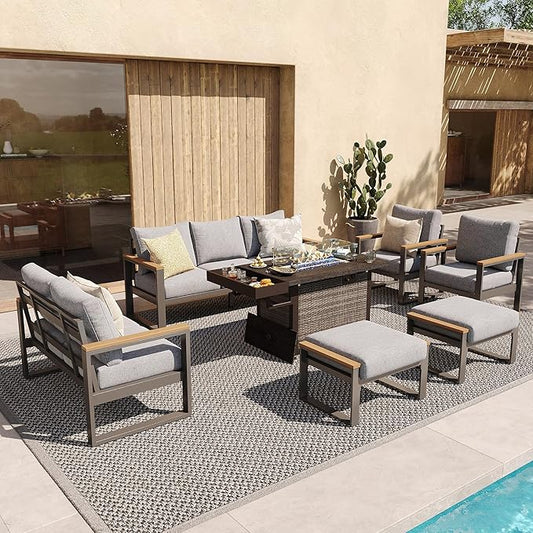 Sundale Outdoor Aluminum Patio Furniture Set, 7 Piece Outdoor Conversation Sets with Fire Pit, Ottoman and Washable Thick Cushions, All Weather Outdoor Sectional Set for Deck, Lawn, Yard (Grey)