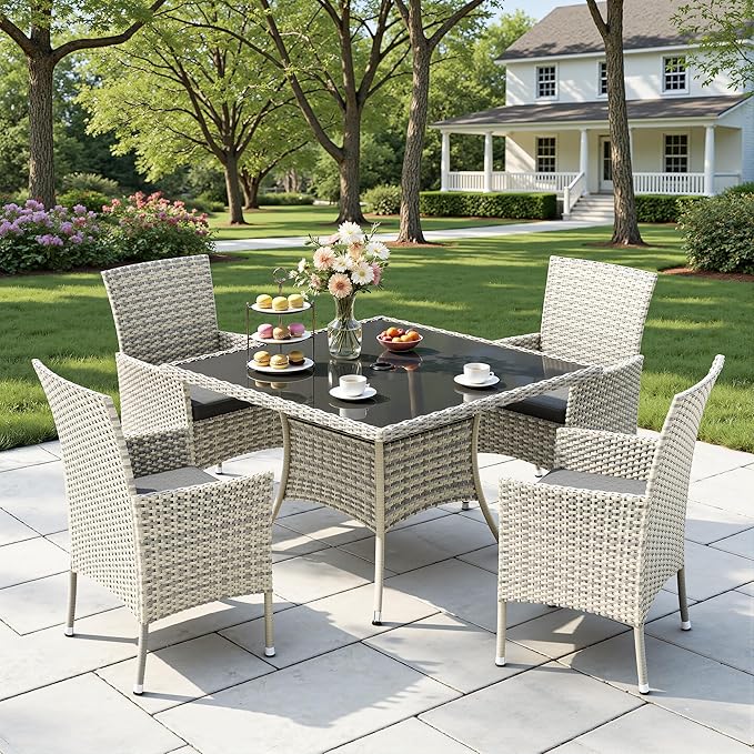 Outdoor Dining Set, 5-Piece Patio Furniture Set with Tempered Glass Table and 4 Cushioned Chairs, Dual-Strand Wicker Rattan, Balcony Furniture for Backyard, Garden, Deck,– Black