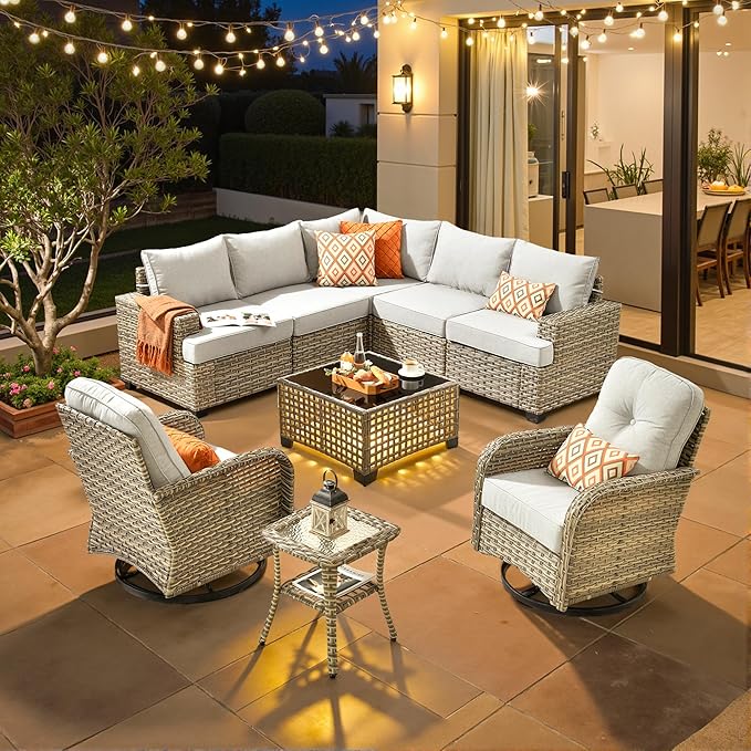 ovios 9 Piece Patio Sectional Furniture with Swivel Rocking Chairs, Rattan Wicker Coversation Couch Set, Outdoor Sofa Set for Outside Porch Balcony Backyard Pool, Light Grey