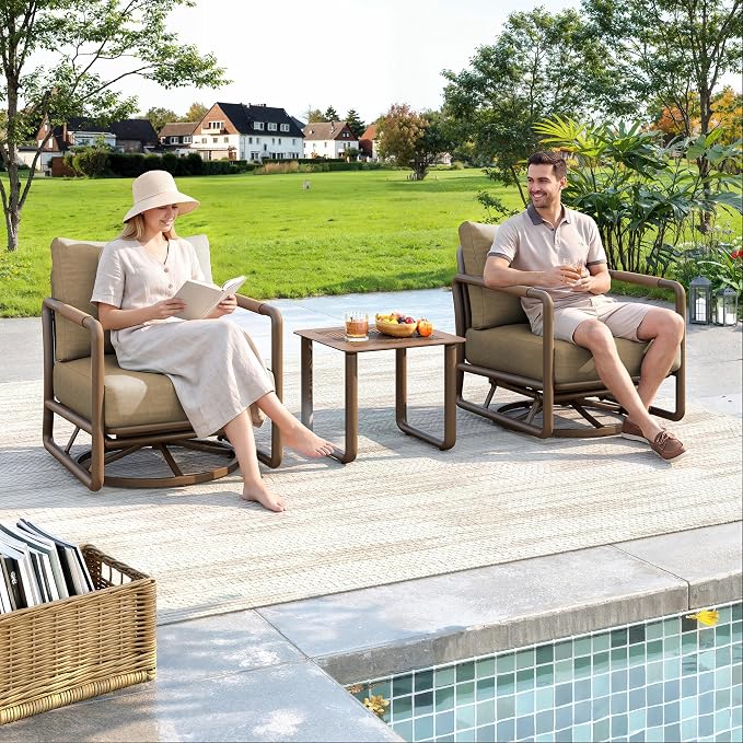 3-Piece Aluminum Outdoor Swivel Rocker Chair Set, 360° Swivel Rocking Seats with 6.5" Thick Cushions, 24" Wide Seat 380LBS Capacity & Side Table for Porch, Deck