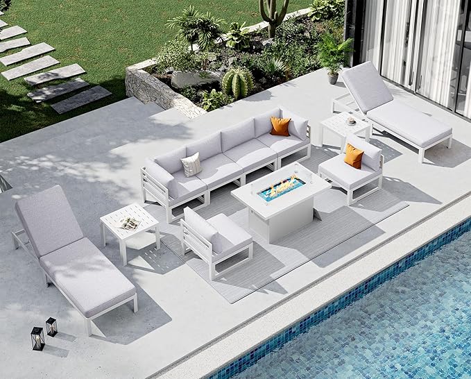 NICESOUL 11 Pcs Oversized Modern Aluminum Patio Furniture Set, 500lbs Heavy Duty Outdoor Sectional Sofa with Chaise & Fire Pit Table, 29" Deep Wide Seating Conversation Couch for Poolside, Light Gray