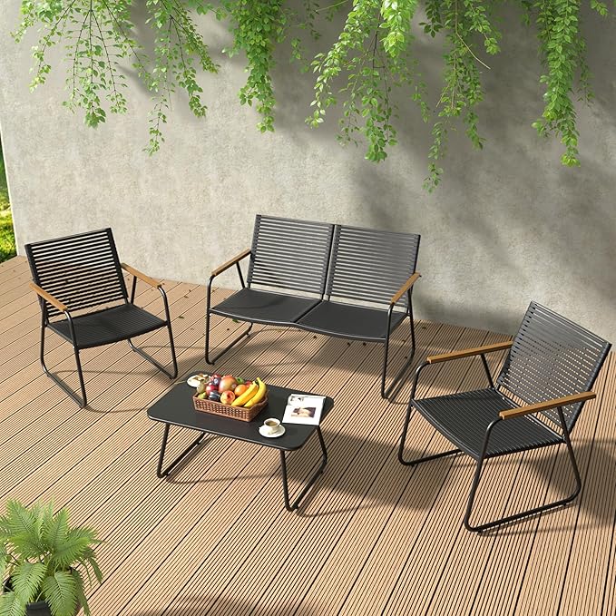 4-Piece Patio Furniture Set, Compact Outdoor Conversation Set with Loveseat, 2 Chairs and Glass Table, Weather-Resistant for Apartment Patio, Small Spaces, Balcony, Backyard – Black