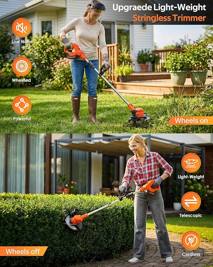21V Cordless Weed Wacker Battery Powered, 2-in-1 Electric Brush Cutter & String Trimmer - Foldable Grass Edger with Circular & Square Blades for Lawn Garden Yard Maintenance,Red