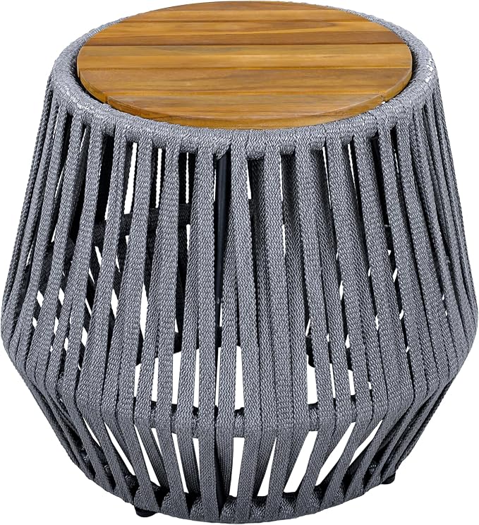 Christopher Knight Home Calla Outdoor Side Table, Boho End Table with Rope Woven Base and Acacia Wood Top, Round Side Table for Patio Balcony or Living Room, Decorative Garden Stool, Beige+Light Teak