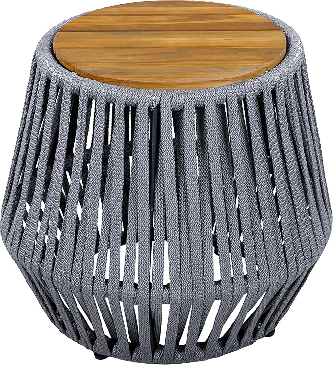 Merax Outdoor Rope Side Table - Acacia Wood with Teak Finish, 100 LBS Capacity, Weather-Resistant Woven Table for Patio, Deck, Balcony - 21.26" Round Base x 18.11" H