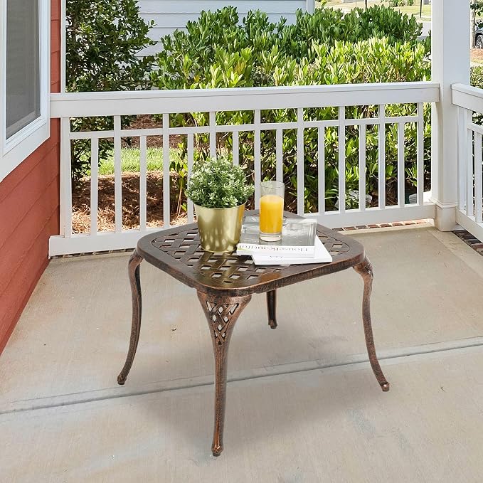 Outdoor Side Table - Patio End Tables Outside Cast Aluminum Anti-Rust Square for Balcony Pool Porch Garden, Antique Bronze