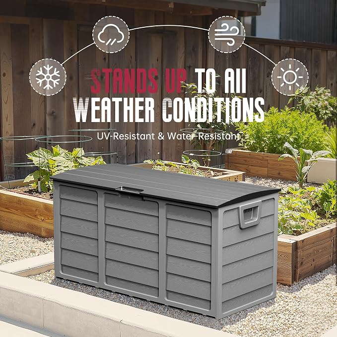 Crownland Outdoor Storage Deck Box - Upgraded 75 Gallon Sun-proof Woodgrain Patio Storage Box for Balcony, Garden, Grey