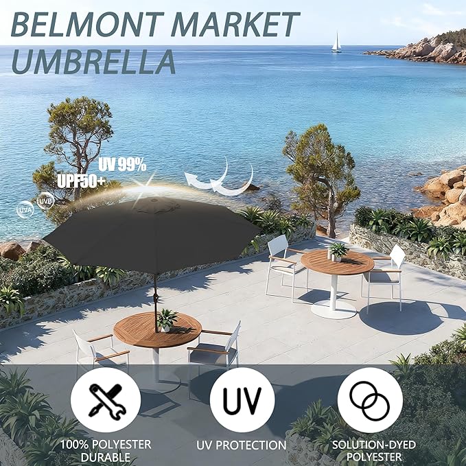 9FT Large Outdoor Patio Umbrella Pool Market Umbrella-UV Resistant, Easy Push Button Tilt and Crank, 8 Sturdy Ribs Heavy-Duty Table Umbrella for Deck, Backyard, Garden (Black)