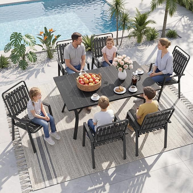 Outdoor Dining Set for 6, Patio Table and Chairs Set with 1.97'' Umbrella Hole, 7pcs Patio Furniture Set 63”x37.8'' Dining Table Set for Porch Deck Backyard Pool