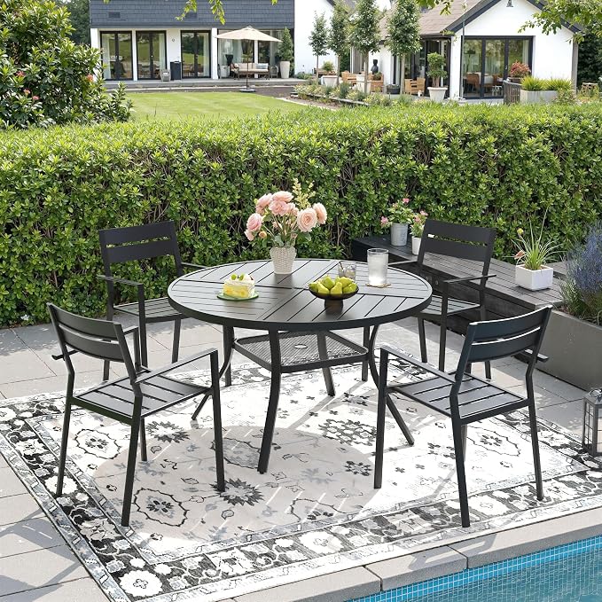DIFY 5 Piece Outdoor Patio Dining Set for 4, 40.6" Round Dining Table with Umbrella Hole and Stackable Metal Chairs, Patio Table and Chairs Set for Backyard Garden Poolside, Black