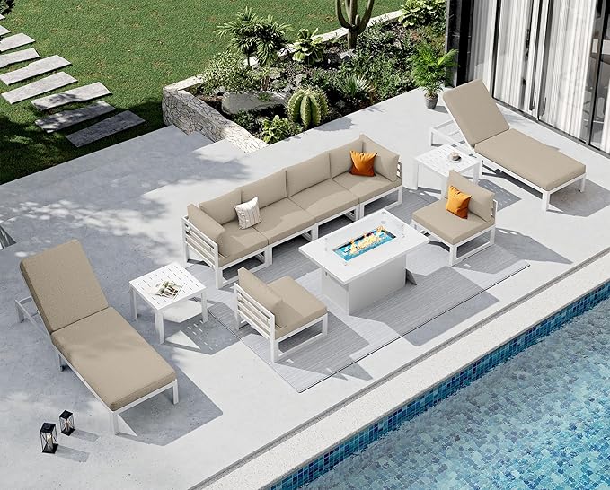 NICESOUL 8 Person Modern Aluminum Outdoor Patio Furniture Set with Chaise & Firepit Table, 29" Wide Deep Seating, Water Resistant Modular Sectional Couch, Large Conversation Set for Poolside, Beige