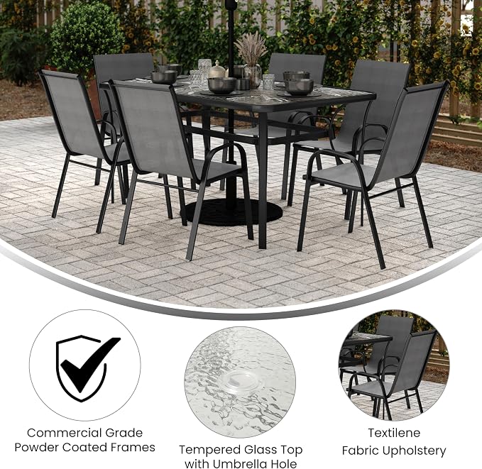 EMMA + OLIVER Bartlett 7-Piece Outdoor Dining Set, Patio Table with Tempered Glass Top and Umbrella Hole, 6 Flex Comfort Textilene Stack Chairs, 60", Gray/Black