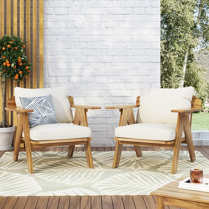 Merax 2 Pcs Outdoor Acacia Wood Club Chairs Patio Conversation Set with Cushions,Teak Finish