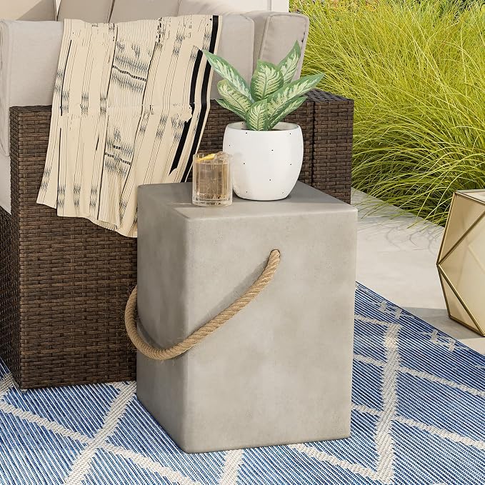 COSIEST Set of 2 Concrete Side Table, Rectangular Outdoor Side Table w Hemp Rope Handles,15''Patio Side Tables End Table, Outdoor Accent Side Table for Garden and Patio, Grey