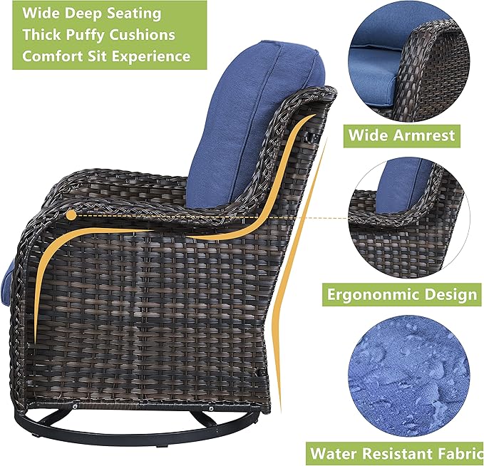 Rilyson Wicker Rocking Chair Swivel Chairs – 6 Piece Rocker Patio Furniture Set Rattan Rocking Bistro Sets with Glass Top Side Table for Outdoor Porch Deck Garden Backyard(Brown/Blue)