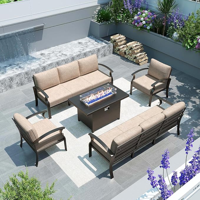 Gotland 8 Seats Outdoor Metal Patio Furniture Set with 55,000 BTU Gas Fire Pit Table w/Glass Wind Guard Patio Conversation Sectional Sofa Sets-Khaki