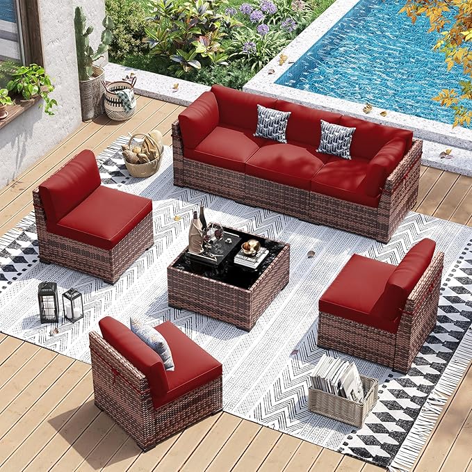 UDPATIO Patio Furniture Set, Modular Outdoor Sectional with 105°Slanted Back, 7 Pieces Rattan Conversation Set for Poolside, Backyard, Deck, with Coffee Table, Waterproof Cover,Red