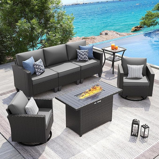UDPATIO Patio Furniture Set with Fire Pit Table, Rocking Swivel Chairs, 5 Pieces Outdoor Furniture Sets, All-Weather Wicker Outdoor Sectional Sofa with Waterproof Cover, 4'' Thickened Cushion, Grey