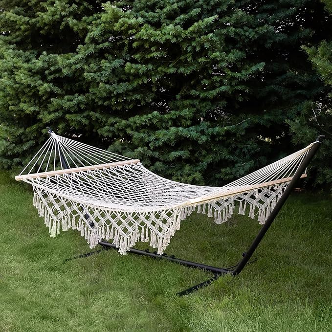 Northlight 74" White Lattice Macrame Rope Hammock with Wooden Bars