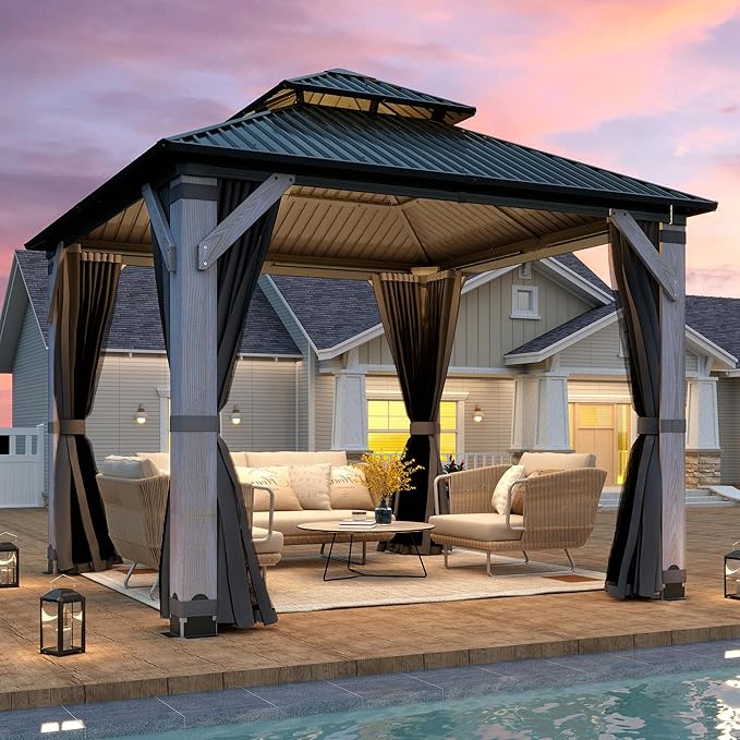 10' x 10' Wood Gazebo, Outdoor Cedar Wood Hardtop Gazebo with Galvanized Steel Doule Roof, Wooden Frame Gazebos with Netting and Curtains for Patio Backyard Deck