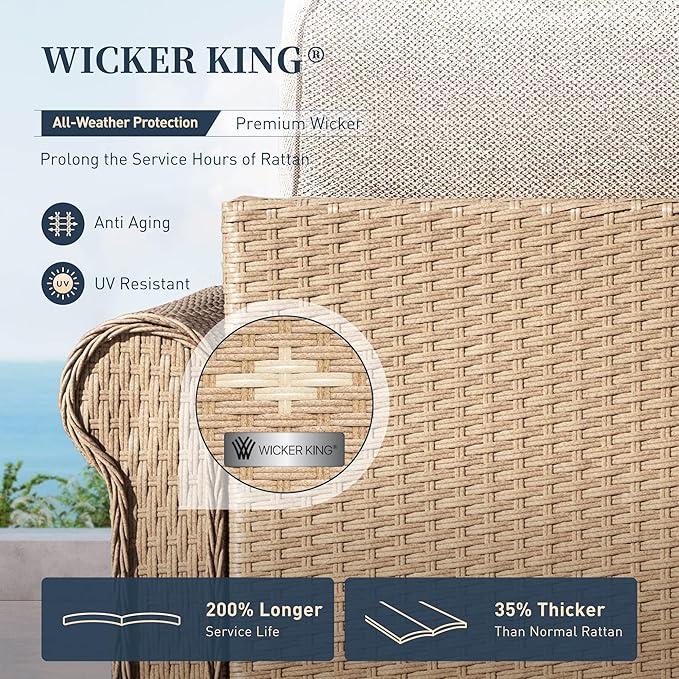 Patio Furniture Set 4 pcs, Wicker Rattan Sofa with 5.5” Thick Waterproof Cushions, 2 Chairs and Coffee Table, All Weather Outdoor Conversation Set for Backyard Deck, 5 Seats Beige