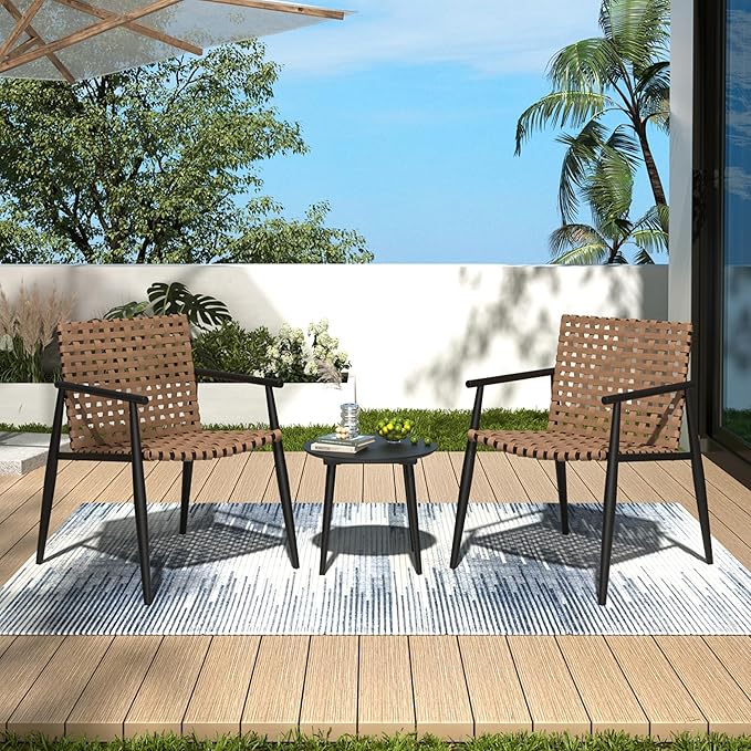 Christopher Knight Home Oakes Patio Table and Chairs Set, 3-Piece Patio Conversation Set, Outdoor Tempered Glass Table and PE Rattan Armchairs Set of 2, Garden/Poolside Reading Nook, Black+Brown