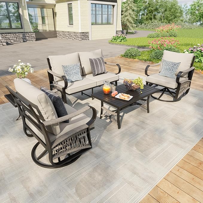 5 Pieces Outdoor Patio Conversation Sets, Outdoor Furniture Set Metal Swivel Rocking Chairs with Side Table, Loveseat Sofa with Coffee Table for Backyard Deck Porch Poolside, Beige