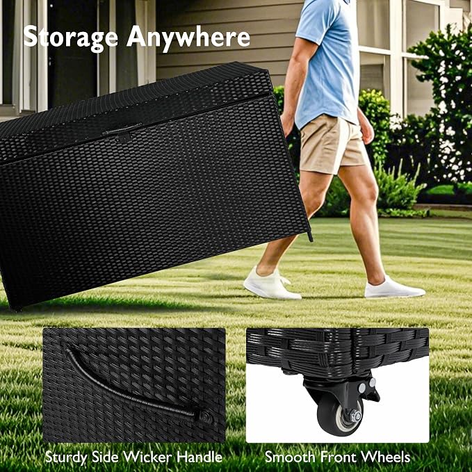 200 Gallon Wicker Deck Box with Wheels, All-Weather Outdoor Storage Box, Rattan Storage Bin for Patio Furniture, Outdoor Cushions, Pool Storage and Garden Tools - Black