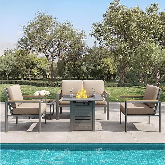 4-Piece Outdoor Patio Furniture Set, Metal Conversation Sofa Set with Deep Cushions & Wood-Like Armrests, Modern Patio Seating with Coffee Table for Garden, Porch, Balcony, Backyard (Brown)
