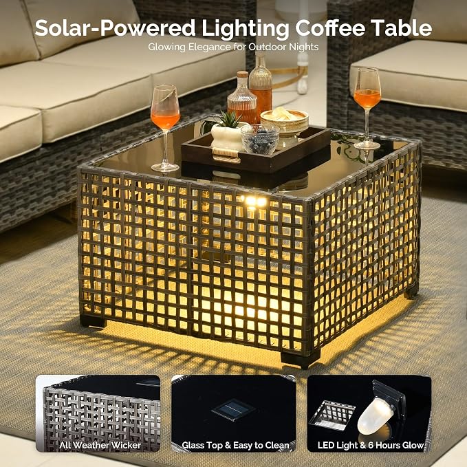 6 Piece Wicker Patio Furniture Set with Solar Table, Beige | Outdoor Deep Seating Sofa Chair Ottoman, Solar Lights Table, All Weather Rattan, Modern Conversation Set, Porch Deck Backyard