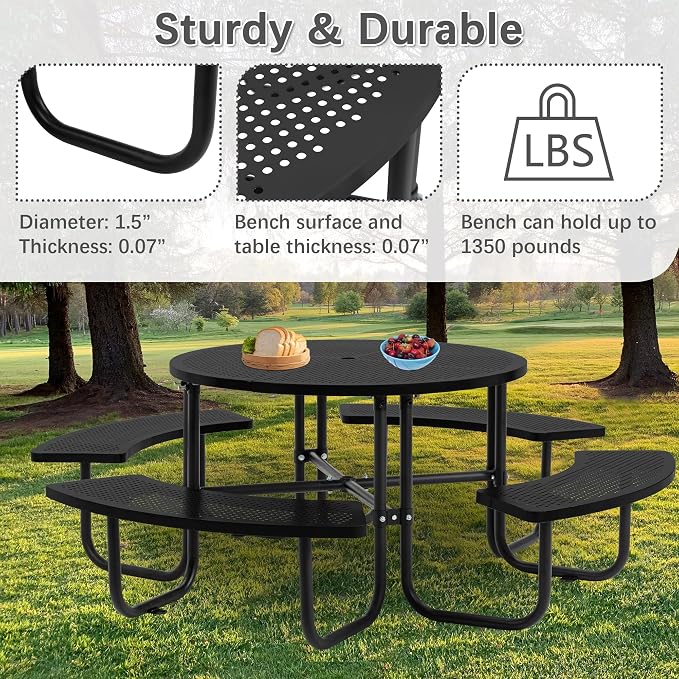46" Round Outdoor Metal Coffee Picnic Table for Patio, Backyard, Garden and DIY (Includes 4 Built-in Benches) - Black