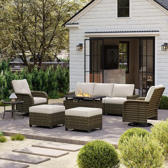 LazySunsets Luxury Patio Furniture Set with Fire Pit Table，All-Weather Patio Sectional Sofas with Thickened Cushions, 9 Piece Outdoor Furniture Sectional Set with Swivel Rocker Chairs of 2，Beige
