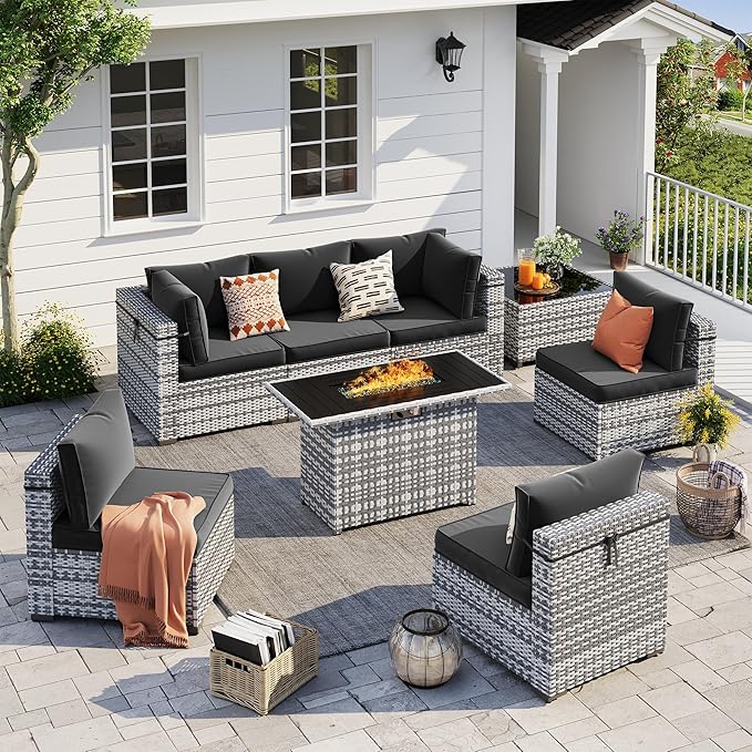 UDPATIO Patio Furniture Set with Fire Pit Table, 8 Pieces Outdoor Sectional Sofa, PE Wicker Patio Conversation Set for Garden, Backyard (Black Cushions with Grey Rattan)