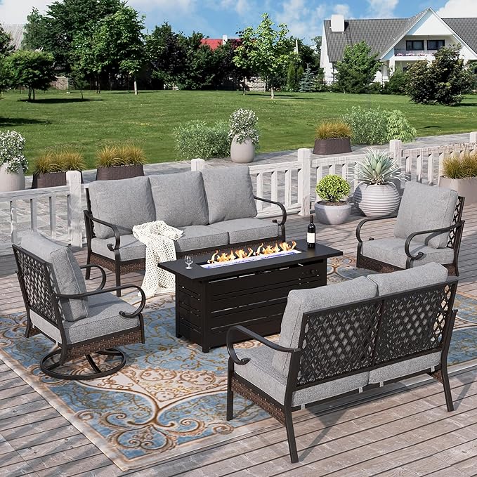HERA'S HOUSE 5 Piece Metal Patio Furniture Set with 56" Fire Pit Table, All Weather Outdoor Conversation Set, 3 Seat Sofa with Loveseat, 2 Swivel Chairs, Seats 7 for Backyard, Garden, Deck, Grey