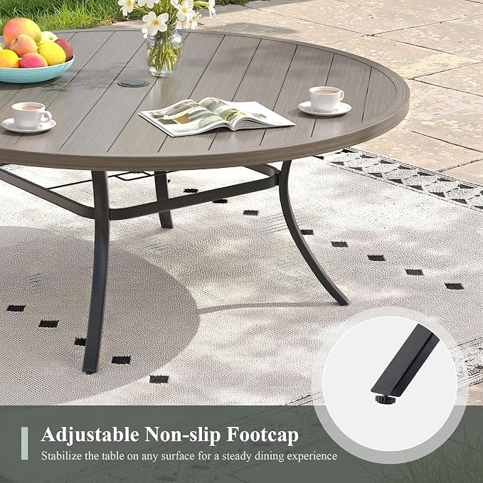 Outdoor Dining Table for 8, 63" Round Outdoor Table with Adjustable Umbrella Hole, All-Weather Metal Patio Dining Table for Lawn Garden Backyard Deck, Grey