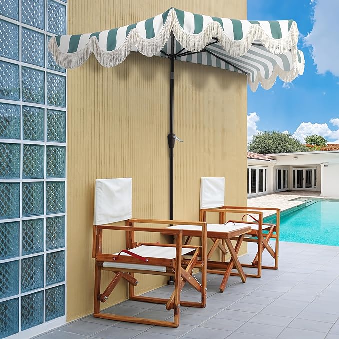 JONATHAN Y Beverly 9 ft. Coastal Green and White Striped Half Patio Umbrella with Scalloped Fringe, Crank Lift, and Manual Tilt for Balcony, Dark Brown Pole UMB1201F
