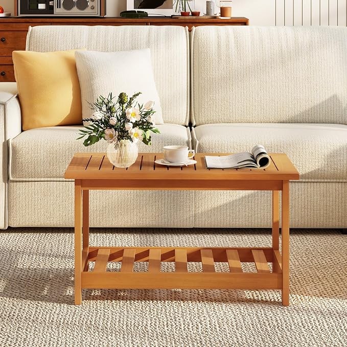 RELAX4LIFE 2-Tier Outdoor Coffee Table - Acacia Wood Rectangular Patio Center Table w/Slatted Tabletop & Storage Shelf, Indoor Outside Wooden Furniture for Living Room Backyard Deck Balcony, Natural