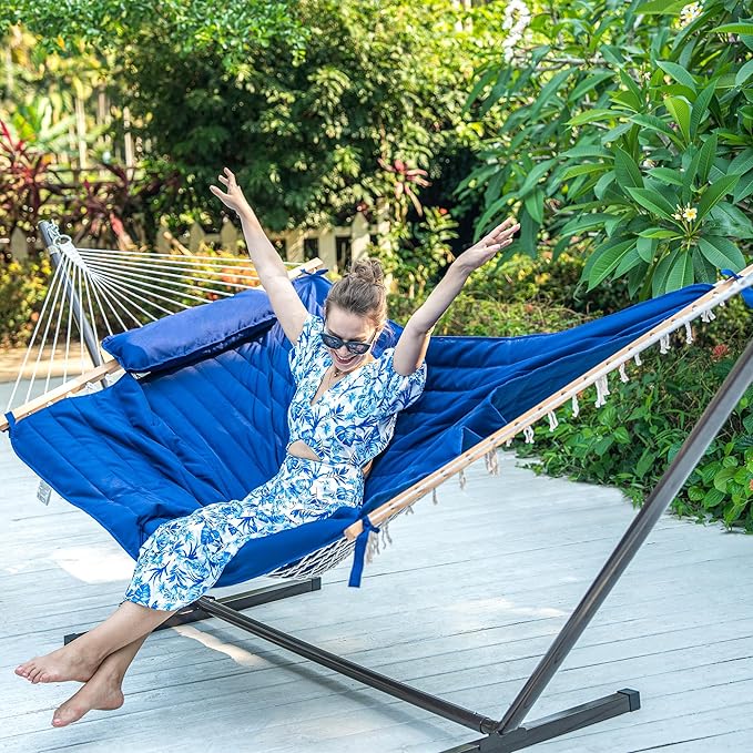 Lazy Daze Hammocks Rope Hammock with Pad, 2 Person Hand Woven Cotton Hammock with Spreader Bar for Outdoor, Indoor, Patio, Poolside, FIT 13-15 Foot Stand, Max 450 Lbs