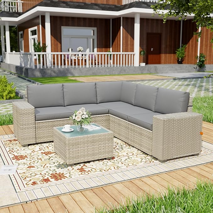6 Piece Patio Furniture Set, 8" Wide Arm Sectional Sofa Set with Coffee Table, High-Back All-Weather Rattan Outdoor Conversation Set for Garden, Porch, Lawn, Gray