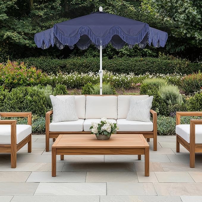 JONATHAN Y UMB1001 Collins 9 ft. Classic Cottage Tassel Market Patio Umbrella with Auto-Tilt, Crank, Wind Vent and UV Protection