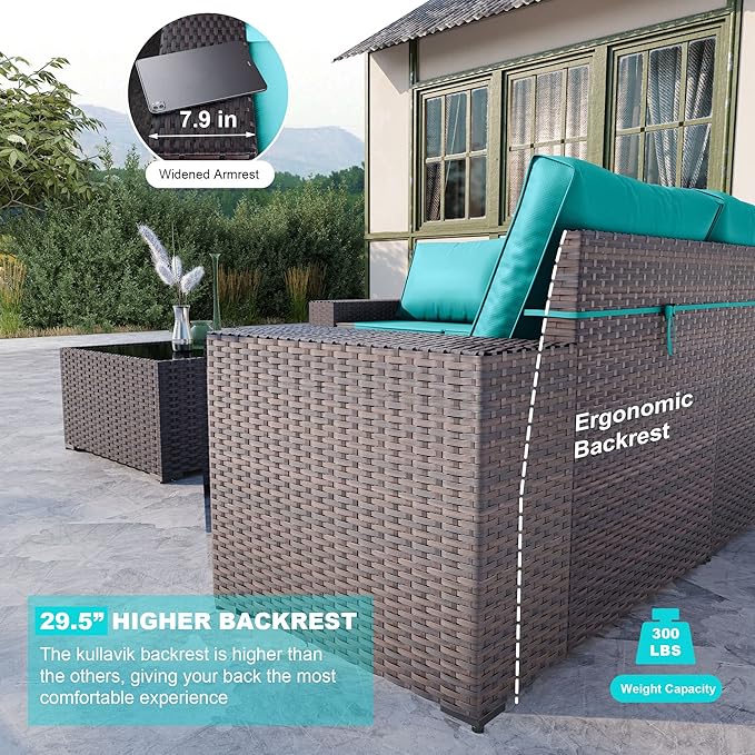 Kullavik Outdoor Patio Furniture Set 6 Pieces Sectional Rattan Sofa Set Brown PE Rattan Wicker Patio Conversation Set with 5 Seat Cushions and 1 Tempered Glass Table, Turquoise Blue