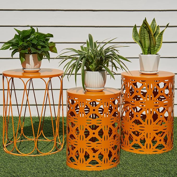 Y&M Set of 3 Metal Round Patio Side Tables, Multifunctional Coffee Table End Table for Indoor & Outdoor Garden Stool Modern Design -Orange