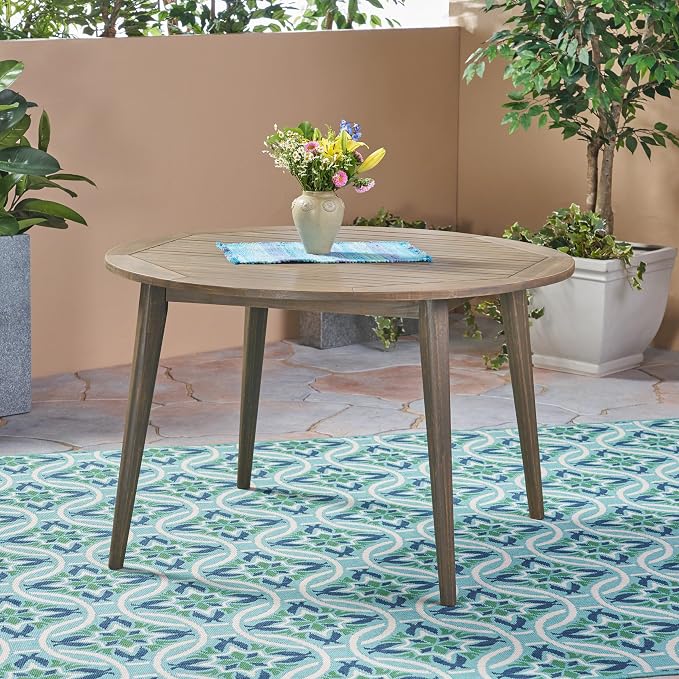 Merax Outdoor Patio Furniture Acacia Wood Round Dining Table, Water Resistant Finish Modern for Garden Kitchen Room, Grey