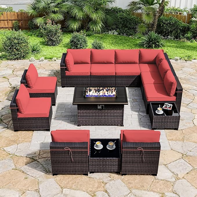 ALAULM 13 Pieces Patio Furniture Set with Fire Pit Table Outdoor Sectional Sofa Sets Outdoor Furniture 43" Gas Fire Pit CSA Approved PE Rattan Patio Conversation Set w/10 Seat Cushions (Red)