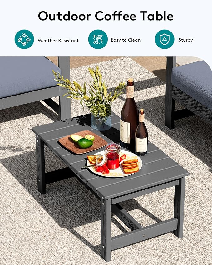 SERWALL 3 Pieces HDPE Outdoor Sofa Bistro Set with Cushions, Outdoor Furniture Sofa Sets with Coffee Table and Cushions, All Weather Conversation Social Set, Grey Frame and Grey Cushion