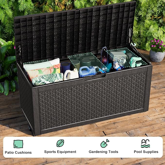 Outdoor Waterproof Resin Storage Deck Box Lockable Outside Bench UV Resistant Bin Patio Porch Furniture Pool Float Garden Tool Cushion (Black, 110 Gallon)