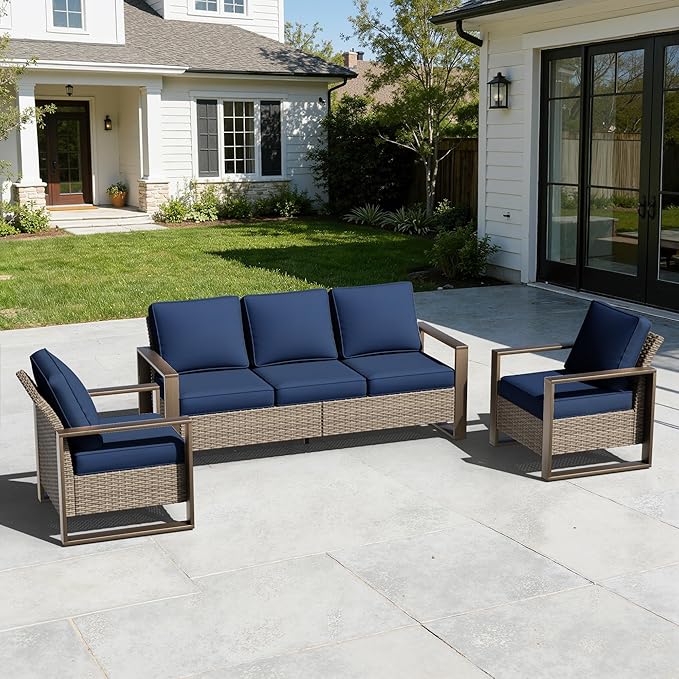 Wicker Patio 75" Sofa Set with Two Armchairs, All Weather Rattan Outdoor Conversation Furniture Set with Wood-Looking Metal Armrest & Removable Cushions for Deck Backyard Porch, Dark Blue