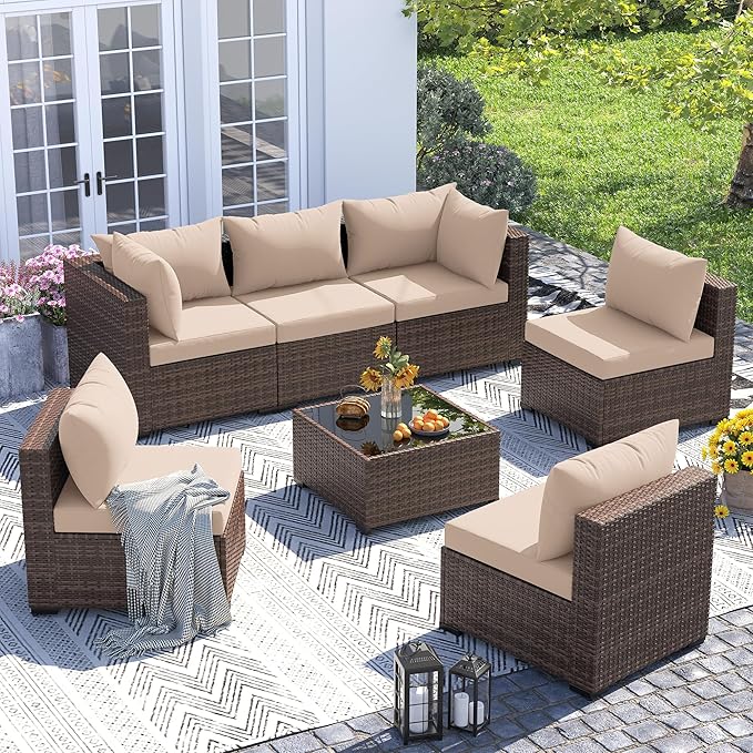 UDPATIO Furniture Set, 7 Piece Sectional Sofas with Wicker Coffee Table, Conversation for Garden, Backyard, Khaki
