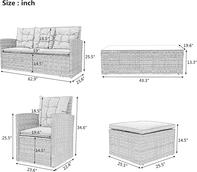 LUMISOL 5 Pieces Patio Furniture Set, PE Rattan Sectional Conversation Sofa, Outdoor Wicker Conversation Set with Tempered Glass Table & Storage Bench for Patio, Balcony, Backyard, Gray