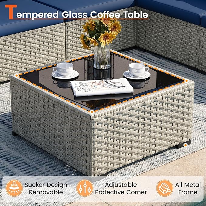 Patio Furniture Set, 7-Piece Outdoor Sectional All-Weather Wicker Patio Conversation Set for Backyard (Navy Blue Cushions with Grey Rattan)